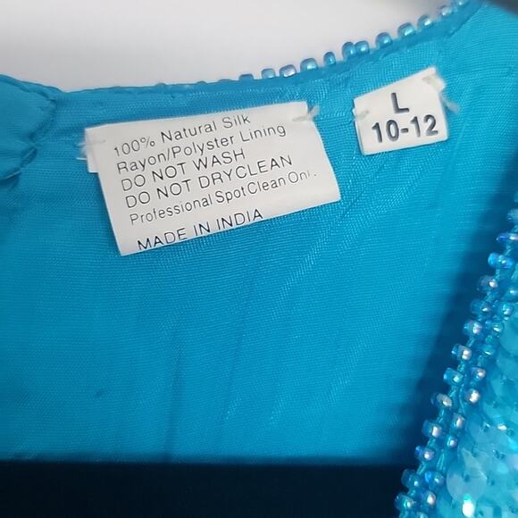 NWT Swee Lo Vintage 80s Deadstock Silk Beaded Turquoise Dress, L (10-12) - Picture 7 of 11